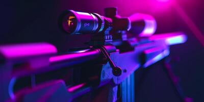 A stunning and striking closeup view showcasing a sniper rifle, featuring a sleek scope with vibrant neon colors photo