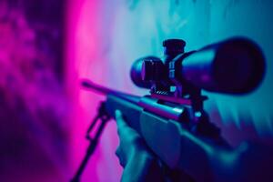 An elegant sniper rifle, distinctly showcased through vibrant lighting effects, embodying sharp focus and precision photo