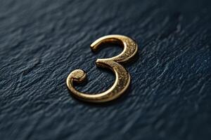 A stylish golden number 3 is displayed prominently on a dark, textured surface, perfect for various media projects photo