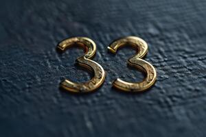 A stylish and elegant golden number 33 is prominently displayed on a textured and rich black surface photo