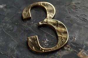 A stunning closeup view of a golden number 3, expertly and beautifully crafted on a rich dark textured surface photo