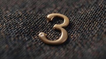 Closeup of a gold number 3 emblem on luxurious blue denim, highlighting its intricate texture and design photo