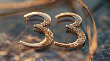 A captivating reflection of the number 33 in elegant gold tones, blending beautifully with natural elements photo