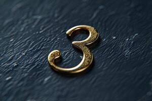 A closeup of a stylish gold number three, elegantly designed with a textured surface adding depth and interest photo