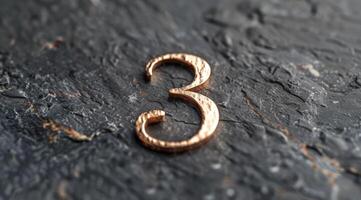 A stylish gold numeral 3 displayed on a textured slate surface that is perfect for enhancing modern decor photo