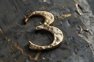 A beautifully crafted golden artistic representation of the number 3 set against a textured black background surface photo