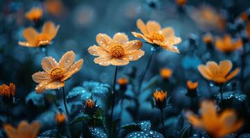 A vibrant and beautiful display of orange flowers, adorned with sparkling dew drops, creates a serene atmosphere photo