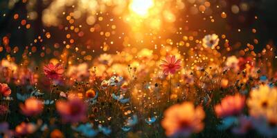 A beautiful field of vibrant flowers bathed in soft golden sunlight, creating a dreamy, enchanting bokeh effect photo