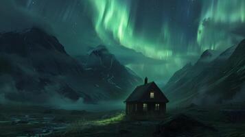A breathtaking view of the northern lights over a quaint cabin nestled in stunning mountains and fog, creating a serene, magical atmosphere that enchants the soul. Experience natures wonders photo