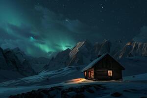 On a serene night scene, there is a cozy cabin that is beautifully illuminated beneath the mesmerizing auroras of the northern lights while being surrounded by captivating snowcovered mountains photo