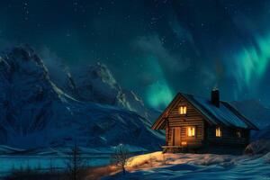 A charming cabin in the snowy mountains, illuminated by northern lights, creates a magical winter atmosphere ideal for relaxation and inspiration, inviting all to experience its peaceful beauty photo