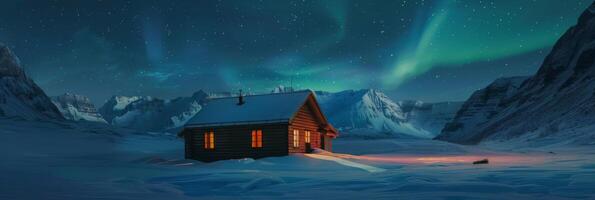 A cozy cabin illuminated in a serene snowy landscape is surrounded by majestic mountains, while northern lights dance across the night sky, creating an enchanting and tranquil scene photo
