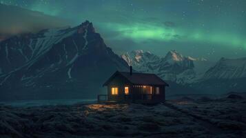 Experience a captivating, breathtaking view of the magical northern lights illuminating a cozy cabin nestled within a tranquil mountain landscape, creating a truly enchanting atmosphere photo