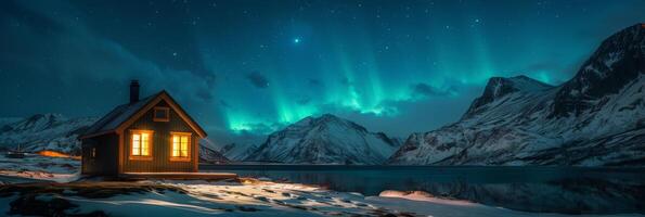 The northern lights illuminate a snowy landscape, casting a magical glow over a cozy cabin by a tranquil lake, all beneath a clear sky, creating an unforgettable experience for all who behold it photo