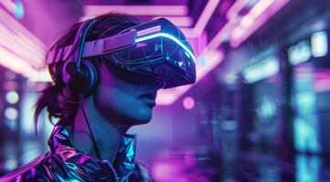 A breathtaking and stunning depiction of virtual reality is presented, showcasing the immersive experience made possible by hightech goggles, set against a vibrant and colorful neon inspired setting photo
