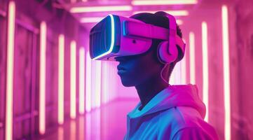 Imagine a person with futuristic VR goggles, amidst vibrant neon lights, representing the exciting realm of virtual reality and its limitless creative options for gamers and designers photo