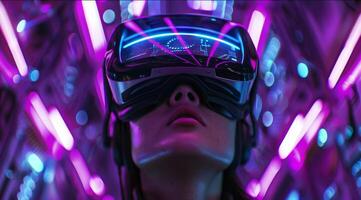 Explore the captivating world of virtual reality, where advanced technology merges with vibrant neon aesthetics, providing users limitless immersive experiences to enjoy and discover photo