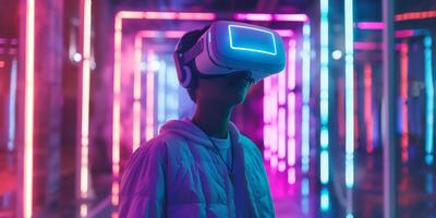 An individual immerses in a captivating virtual reality experience, surrounded by vibrant neon lights showcasing the allure of modern technology and its groundbreaking innovations photo