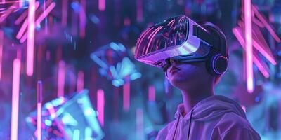 A child is immersed in a captivating virtual reality experience with advanced goggles, entering a vibrant world of visuals and sounds, creating an unforgettable adventure to treasure photo
