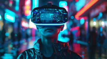 A person wearing advanced, futuristic VR goggles stands amidst a vibrant, neonlit cityscape, showcasing the captivating and immersive experiences that modern VR technology can provide to users photo