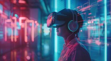A person immersed in a vibrant digital environment with VR goggles, illuminated by neon lights and futuristic elements, showcases cuttingedge immersive technology enhancing the experience photo