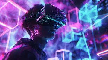 This vivid depiction shows a user immersed in a vibrant virtual reality world, filled with neon lights, mesmerizing animations, and everchanging digital landscapes that captivate the imagination photo