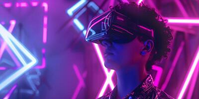 A person deeply immersed in a highly vibrant and engaging virtual reality experience, showcasing advanced stateoftheart VR goggles amidst a dazzling display of colorful neon lights all around photo