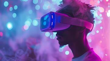 A person fully engaged in a thrilling virtual reality experience wears advanced VR goggles, captivated by vivid lights and dynamic smoke effects that boost the immersion and excitement photo
