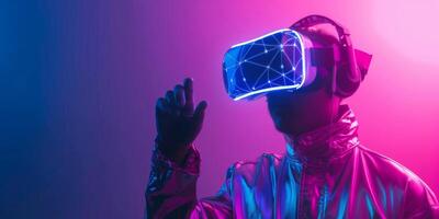 A futuristic person fully immersed in the digital world with advanced VR goggles, surrounded by vibrant neon colors, showcases the immersive experience of modern technology in digital entertainment photo