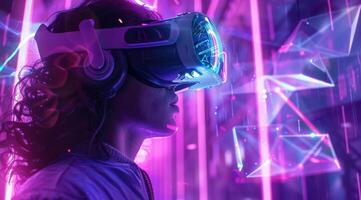A user is fully immersed in a vivid virtual reality environment with advanced VR goggles, surrounded by glowing geometric shapes that enhance the experience and evoke a deep sense of wonder photo