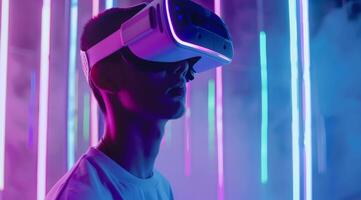 Experience a cuttingedge virtual reality environment with advanced VR goggles and vibrant neon lights, perfect for gamers and tech enthusiasts. Dive into a truly futuristic interactive world photo