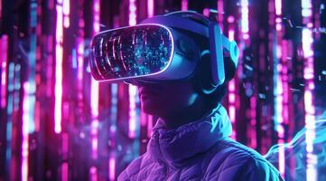 A user is completely immersed in a vibrant virtual reality world, wearing innovative futuristic goggles, and surrounded by dazzling neon lights, creating an astonishingly immersive gaming experience photo
