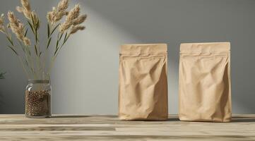 Elegant brown pouch bags are displayed on a rustic wooden table with decorative dried flowers, creating a visually appealing setup ideal for product presentation and branding opportunities photo