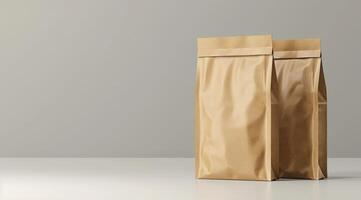 This modern and stylish mockup features an eyecatching display of two brown kraft bags set against a clean background, making it perfect for showcasing your unique product designs and presentations photo