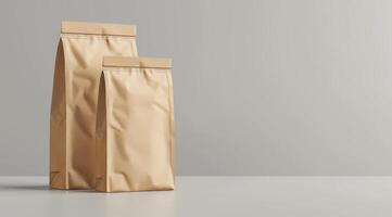 A minimalist mockup design featuring two stylish kraft paper bags on a neutral background, ideal for showcasing your unique branding or innovative product designs in an eyecatching way photo