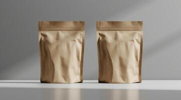 This mockup, featuring kraft paper bags on a minimalist background, is ideal for showcasing innovative packaging designs that exude style and sophistication, making them stand out photo