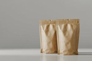 This mockup vividly showcases two minimalist brown pouches, designed perfectly to display diverse product designs. It is ideal for various purposes like branding, marketing, and product presentation photo