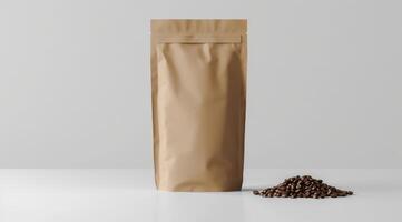 This stylish mockup beautifully features a kraft paper pouch that contains gourmet coffee beans, making it perfect for effectively showcasing your coffee product design in an eyecatching way photo