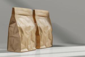 This is a highly realistic mockup that vividly showcases two crumpled brown paper bags elegantly placed on a shelf, making it ideal for a professional product packaging presentation photo