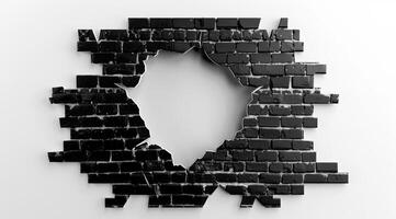 This 3D rendering features a broken black brick wall with realistic textures and dramatic lighting, illustrating themes of destruction and decay, inviting reflection on the fragility of structures photo