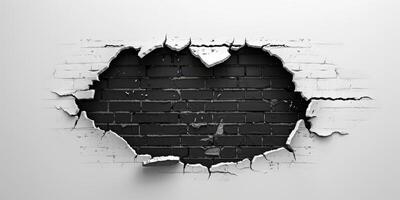 This realistic 3D illustration features a cracked wall exposing dark bricks, ideal for artistic designs and backgrounds, adding depth and character to creative projects and visual representations photo
