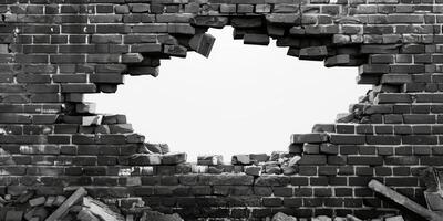 The black and white photo features a weathered brick wall with a large hole, highlighting its rough texture and the contrast of the void behind, evoking feelings of abandonment and nostalgia