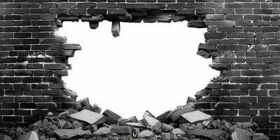A captivating image of a broken brick wall reveals a clean white space behind it, perfect for 3D design and artistic projects. The crumbled bricks add a dramatic effect to the aesthetic appeal photo