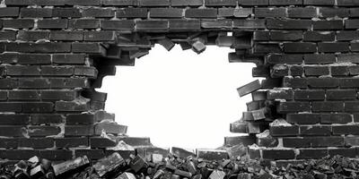This incredibly detailed 3D rendering presents a cracked black brick wall featuring a large hole, resulting in a striking visual effect that deeply captivates and engages viewers attention photo