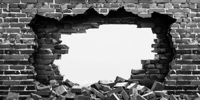 This black and white image features a large hole in a weathered brick wall, revealing stark space beyond. The intricate texture enhances the scene, compellingly drawing the viewers gaze photo