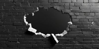 The image shows a damaged wall with a large hole and cracked edges, contrasting with surrounding black bricks, evoking a sense of depth, decay, and inviting thoughts on time and neglect photo