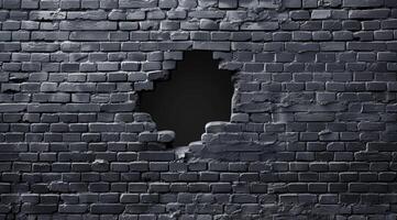 This is a stunning and realistic 3D rendering of a textured dark brick wall. It features a prominent hole, which adds a fascinating and intriguing visual effect to the overall composition photo