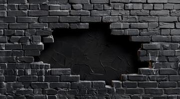 This captivating image shows a cracked black brick wall revealing a mysterious void behind it, showcasing depth and texture, perfect for artists and designers in creative projects photo