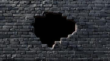 This 3D rendering displays a large hole in a black brick wall, highlighting the rough texture and depth of the bricks, enhancing the overall visual impact and interest of the scene photo
