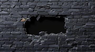 This image showcases a striking 3D view of a black brick wall, which features a prominent crack and an intriguing opening, perfectly highlighting its unique texture as well as its overall depth photo